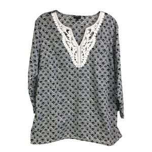 Talbots Tunic Top Womens Size Large Black Geometric Lace V-Neck Long Sleeve